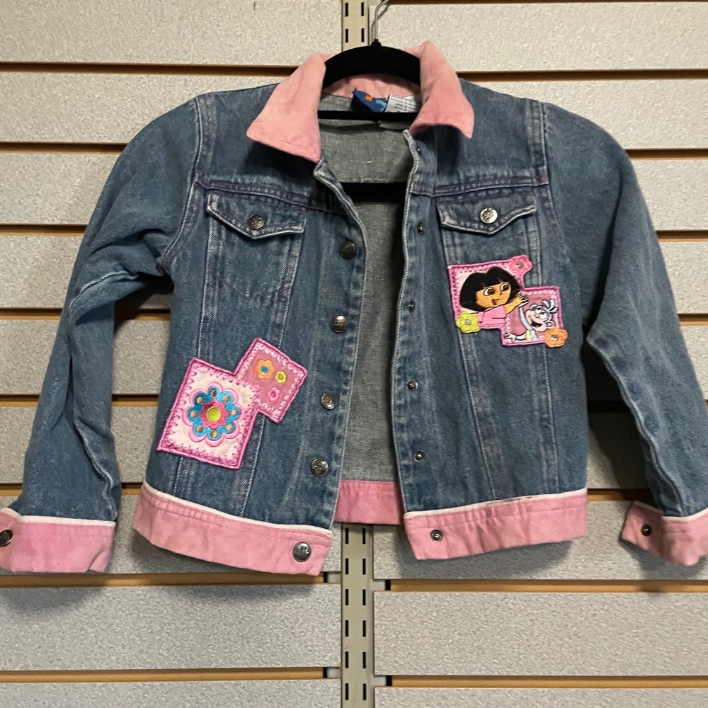 Dora the Explorer Denim Jacket Pink Trim Patches Girls Kids VINTAGE Sz 
5 6 girl